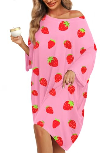 KFUBUO Chemise de nuit grande taille pour femme - T-shirt de nuit surdimensionné à manches courtes avec poche - Tailles S à 5XL, Fraise rose, taille unique