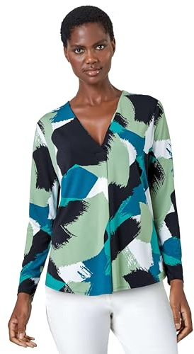 Roman Originals Abstract Print Pleat Stretch Top for Women UK - Ladies Everyday Autumn Winter V-Neckline Comfy Soft Evening Vacation Work Party Night Out - Green - Size 10