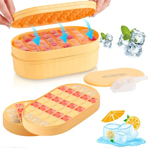 Homhut Cubiteras Para Hielo Con Tapa 72Pcs Cubitera Silicona sin Bpa Fácil Qquitar e Apilable Ice Cube Tray Tapas Antiderrames para Alimentos para Congelador/whisky/fruta(Amarillo)