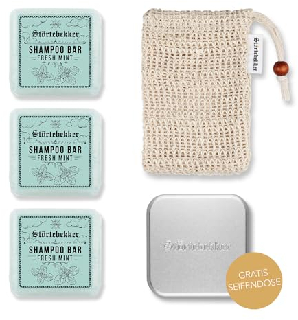 Störtebekker® Premium Duschset - Festes Shampoo Fresh Mint (x3), Sisalsäckchen + GRATIS Seifendose Aluminium - Shampoo Bar Set für Haar, Gesicht & Körper - Handgefertigt in Seifenmanufaktur