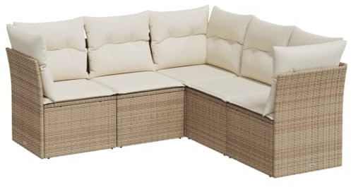 vidaXL Garten Sofagarnitur mit Kissen 5-TLG., Gartenmöbel Gartengarnitur, Sitzgruppe Sitzgarnitur, Lounge Sofa Garnitur Terrasse, Beige Poly Rattan