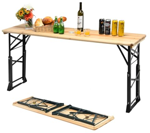 KOMFOTTEU Table à Bière d'Extérieur, réglable en Hauteur (75 cm-105 cm), Table Bar de Jardin Pliante, Table de Pique-Nique avec Trou de Parasol, 168,5 x 50 cm (L x l), narurel & Noir