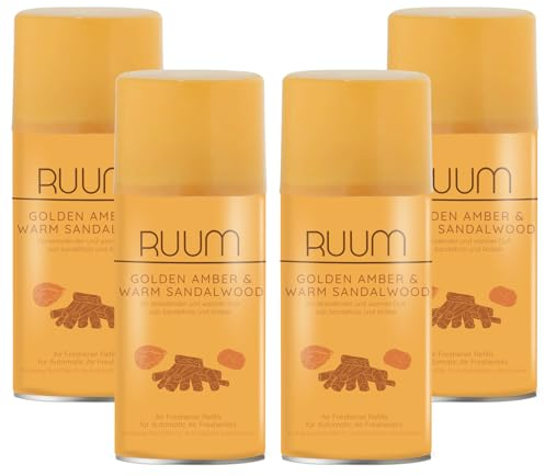 RUUM Lufterfrischer Nachfüller 4er Pack Golden Amber&Warm Sandalwood - Duft Nachfüller kompatibel mit Air Wick Freshmatic, Glade Brise - 4x 250 ml Duftspray für Geruchsneutralisierung & Frische