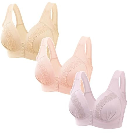 3pcs Bras for Women Front Fastening Full Coverage High Impact Sports Bras Women Seamless Padded Plunge Bra Yoga Fitness Exercise Stretch Women's Everyday Bras (ZZ-1-RD2+Beige+Rose Gold, 46)
