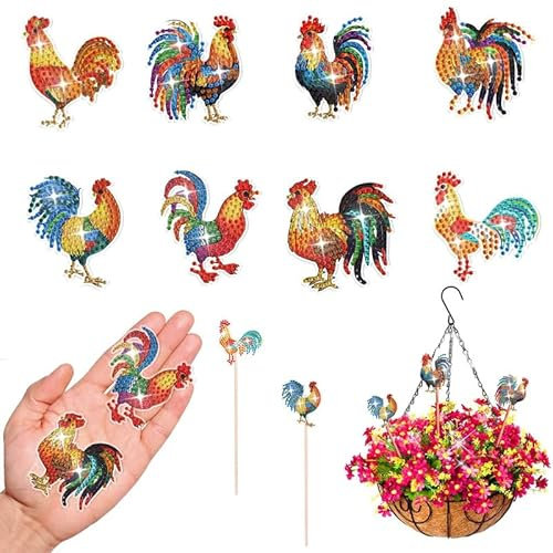 egjxal Colorful Roosters-8 Pieces Diamond Painting Set Colorful Art Crafts Good for Beginners DIY Garden Stakes Paint Your Own Diamond Painting Floral Arrangement Garden Decoration