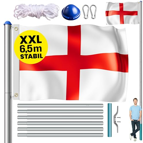 MONZANA® Fahnenmast 6,5m Seilzug Bodenhülse inkl. England UK Vereinigtes Königreich Flagge Englandfahne Fahne höhenverstellbar Flaggenmast Aluminium Teleskop Fahnenstange