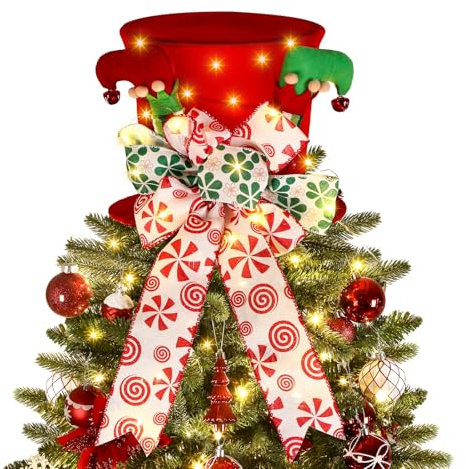 Christmas Tree Topper Hat with Warm White Lights, Retractable Foldable Red Velvet Xmas Tree Top with Large Bow, Ribbon, Bells and Elf Legs, Christmas Tree Decorations for Holiday Home Ornaments Decor