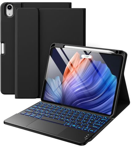 Vobafe Hülle mit Tastatur für iPad Air 11 Zoll (2025 M3/2024 M2), iPad Air 5 4 2022/2020 10,9 Zoll, Mutil-Touch Trackpad 7 Farben Beleuchtete Abnehmbare Keyboard Schutzhülle mit Stifthalter, Schwarz