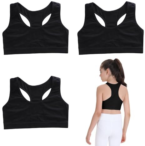 FUIPVGI 3 Stück Mädchen Sport BH Bustier Baumwolle, Ohne Bügel Bralette Bustier Mädchen, Trainings-BH für Mädchen 8-14 Jahre Cami Crop Top Sport BH (Schwarz)