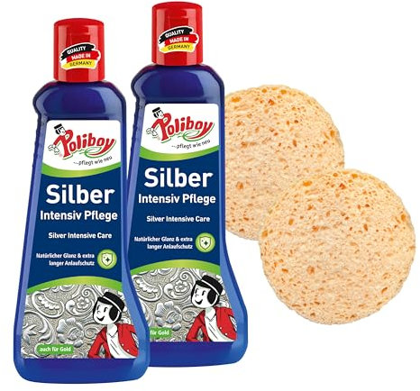 POLIBOY Silber Intensiv Pflege - Sanftes Poliermittel für Silberschmuck - 2x 200 ml - Mit Schwamm - Made in Germany
