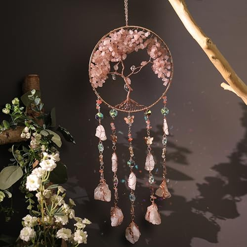 Traumfänger Craft Ornament mit Kristall Achat Farbe Natürlicher Edelstein Achat Wandhänge Zimmer Garten Xmas Hochzeit Dekor (Pink Qingcheng)