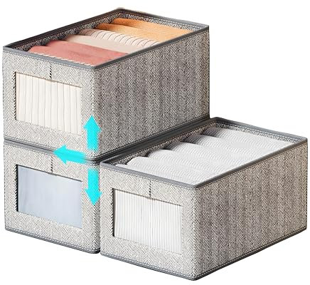 Kiswleon 3 Pack Wardrobe Storage Organiser,Clothes Storage Boxes with Clear Window,Fabric Clothes Organiser,Clear Wardrobe Storage Boxes for Jeans,Shelves,Shirt,Uniform Organizers,Medium
