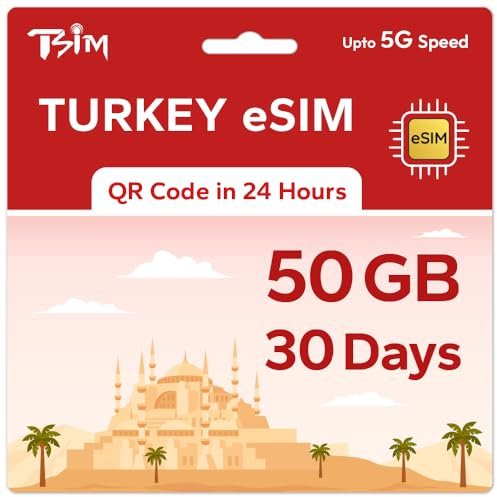 TSIM Prepaid Türkei eSIM für Reisen | 30 Tage 50 GB 5G Geschwindigkeit | Hotspot erlaubt | eSIM QR-Code per E-Mail innerhalb von 24 Stunden nach Versand gesendet | QR-Code scannen und sofort verwenden
