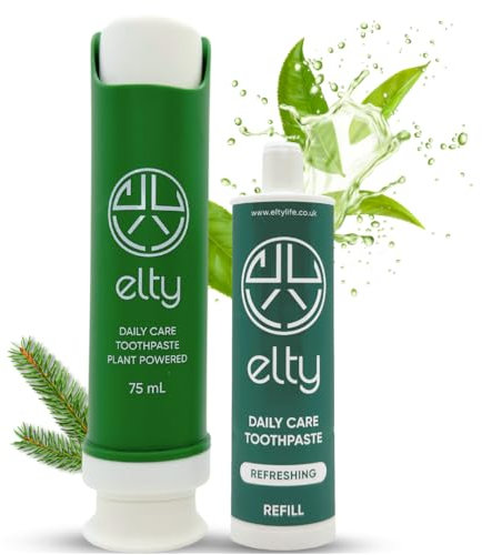 Elty™ Daily Care Toothpaste(Pine),No Fluoride. Dentist codesigned. Fresh Breath, Enamel Protection, Teeth Whitening. Natural, Remineralizing with Hydroxyapatite. 75ml UK Made, Reusable Pump+Refill.