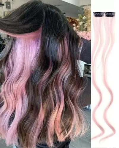 2 x Clip-In Hair Extension Highlights Streaks, Colourful Hair Highlights (Curly Light Pink x 2)