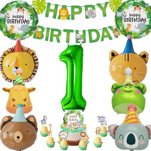 AUNGKWANG Dschungel Deko 1 Geburtstag, 17 Stück Wild 1 Geburtstags Dekoration, waldtiere geburtstag deko 1 jahr, Safari Ballon Geburtstagsdeko für 1 Geburtstag Mädchen Junge Kinder