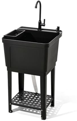 Lavandino Indipendente con Rubinetto, Vasca per Lavanderia in Plastica per Impieghi Gravosi Scaffale di Stoccaggio, per Lavanderia, Cantina o Officina del Garage(Schwarz,50x48x84cm)