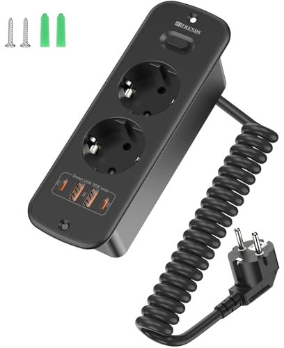 Prise escamotable à 2 prises avec 4 ports USB (2 x USB-A + 2 x USB-C) et interrupteur, prise encastrable pour table de table avec câble spiralé de 2 m, 4000 W/16 A, pour bureau, bureau à domicile et