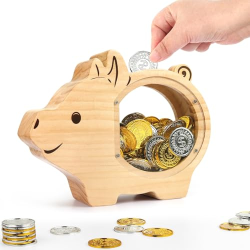 Foyucool Spardose Kinder Holz, Personalisiert Sparschwein für Jungen Mädchen, Verdickte Tierspardose für Münzen und Bargeld, mit DIY Aufkleber, für Geburtstag und Festival, Schwein