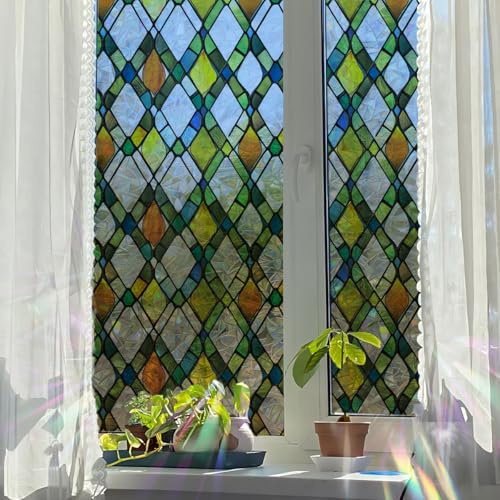 Runtoo Window Privacy Film Rainbow Lattice Window Clings 3D Decorative Vinyl Stained Glass Boho Decals Static Sticker Non-Adhesive, 15.75 x 40 inches