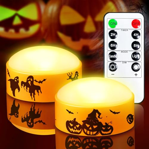 Yakpo 2 Pack Flameless Halloween LED Pumpkin Lights with Remote and Timer | Battery operated flickering orange Jack-o'-Lantern lights. Electric Halloween candles for outdoor pumpkin, yard decorations