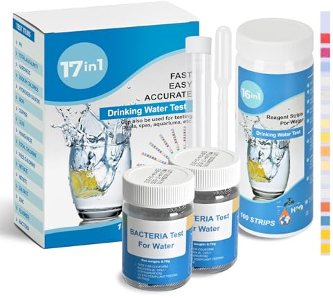 Ueomul Bandelette Test Eau 17 EN 1 (100 bandelette Test Eau 16 paramètres + 2 Tests Bactéries), Kit Analyse Eau pH, Dureté totale, Chlore, Fluorure et plus encore pour piscines, spas, aquariums