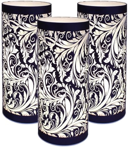 Set of 3 Large Metallic Blue Glass LED Table Lamps with Illuminated Leaves Design | Freestanding Battery Operated Cordless Lights