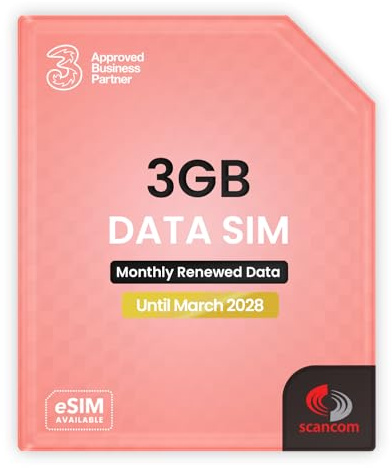 Three 3GB Data SIM Card – for Portable WiFi, Routers & Phones – Preloaded Monthly Until March 2028 – Dual Network (Three & Vodafone) Stronger Coverage