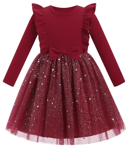 EFOGEP Kinder Mädchen Herbst Winter Pailletten Tüll Kleid Langarm Rüsche Prinzessin Kleider Weihnachten Party Valentinstag Geburtstag Hochzeit Formal Blumenmädchen Kleid