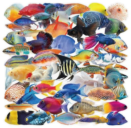 Bric Dodo 50 Stück Fische Aufkleber Auto Laptop Telefon Gitarre Skateboard Motorrad Fahrrad Fish Stickers Set Transparent Vinyl Wasserdicht Aesthetic Aufkleber für Jugendliche Kinder Erwachsene