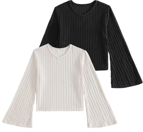 Xumplo Girls T-Shirt Kids Long Sleeve Flared Tops Teens Knitted V-Neck Pullover Pack of 2 Fall Winter Clothes
