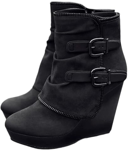 LJCFSDL Womens Wedge Ankle Boots Fashion Casual Faux Suede Comfortable Combat Boots Round Toe Buckle Zipper Platform Booties for Women