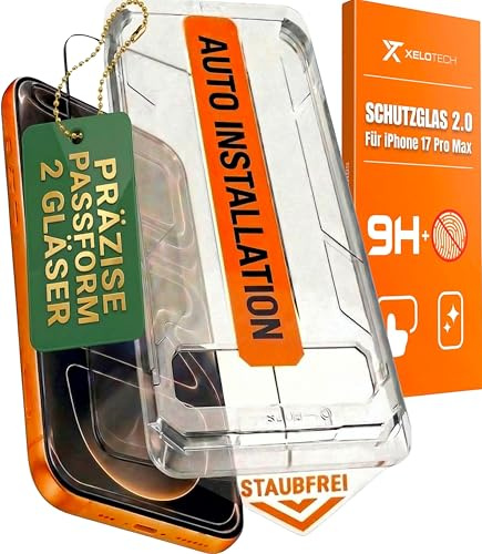 XeloTech Schutzglas für iPhone 17 Pro Max aus Panzerglas [9H+] neue blasenfreie Antistaub-Schablone, 2er Pack