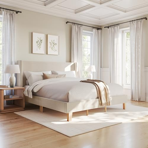 Martha Stewart Maisie Platform Bed with Wingback Headboard and Cushioned Side Rails, Faux Linen Upholstery, Wood Slat Foundation, No Box Spring Needed, King, Beige