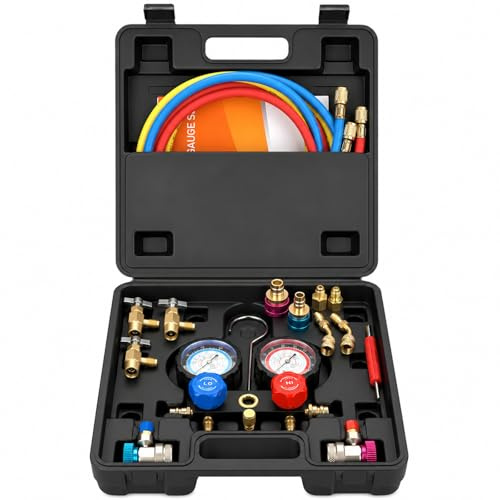 BACOENG Kit Manomètre Collecteur, Compatible R1234YF R32 R134A R410A, Kit Professionnel Climatisation Voiture et Maison avec 3 Tuyaux 1,5m et Adaptateurs
