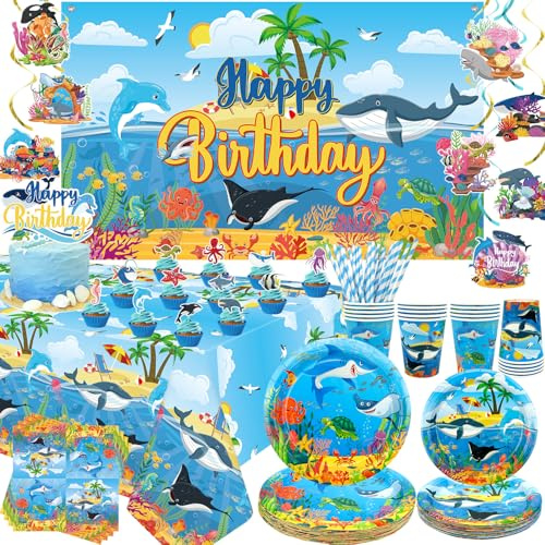 Decoraciones de fiesta bajo el mar, decoración de cumpleaños bajo el mar, platos, tazas, servilletas, mantel, telón de fondo, decoración de tartas, vajilla para océano, playa, suministros de fiesta