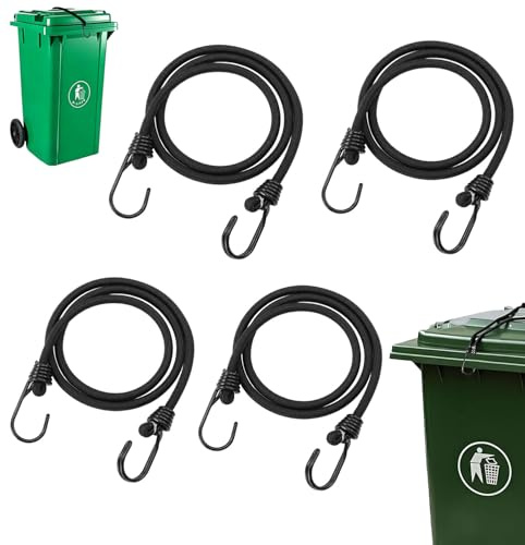 4 Pcs Wheelie Bin Locks, Black Straps with Hooks | 6mm Thick Heavy Duty Bungee Straps, Secure Lid in High Winds, Prevents Spills, Universal Fit for Wheelie Bins