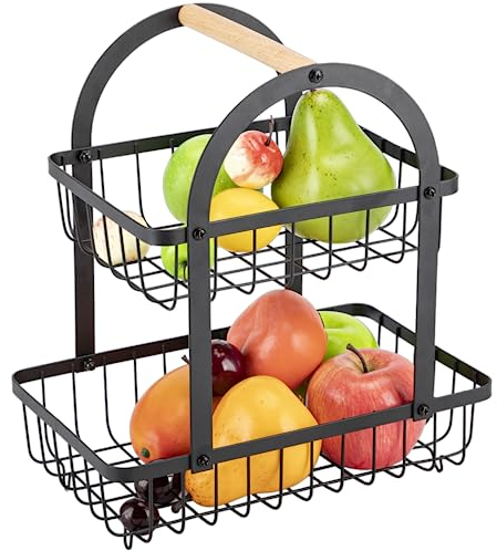 EliteHoff Obst Etagere 2 Stöckig | 2-stöckiger Obstkorb Rack, Gemüsekorb Edelstahl, Aufbewahrungskorb aus Metall für Obst, Gemüse, Brot, Snacks - Brotkorb Eckig, Drahtkorb für die Küche (Schwarz)