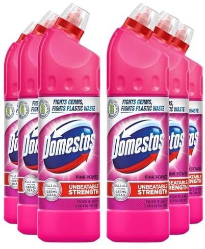 Domestos Thick Bleach Pink Power Multi-Purpose Disinfectant Anti-Bacterial Surface Cleaner Gel Limescale Remover for Toilet, Bathroom and Kitchen, 750ml Bulk Buy 6 Pack