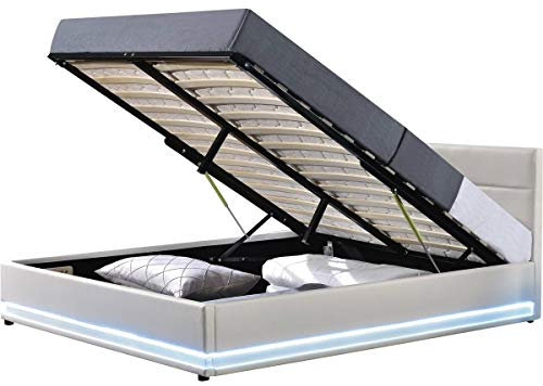 Habitat et Jardin - Lit Double LED Anastasia en Simili Blanc avec Coffre Rangements 140 x 190 cm | Cadre de Lit 2 Places Design | Sommier à Lattes et Tête de Lit Inclus