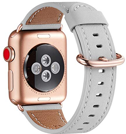 WFEAGL Kompatibel für Apple Watch Armband 44mm 45mm 49mm 46mm 42mm(Series 1 2 3),Lederband Ersatzband für Herren Damen Kompatibel iWatch Series 11/10/9/8/7/6/5/4/3/2/1,SE,Hell Grau+Rosé Gold Adapter