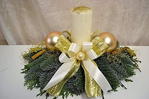 Adventskranz creme gold 40 cm frisch 1 Kerze Weihnachten Adventsgesteck Deko