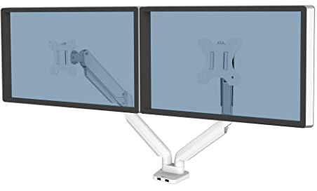 Fellowes Monitor Halterung für 2 Monitore bis je 32 Zoll (81,28 cm) - Platinum Series Monitor Arm mit Gasfeder, USB Ports - Klemmbefestigung oder Kabeldurchlass - Farbe: Weiss