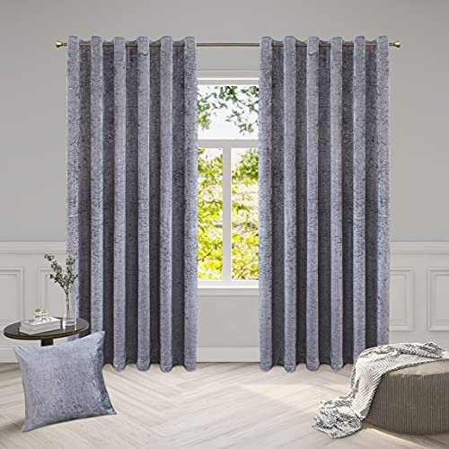 ROOEE Luxury Crushed Velvet Curtains PAIR Fully Lined Eyelet Ring Top For Bedroom, Living Room, Kitchen, Office (Silver, 46 Wide x 54 Drop)