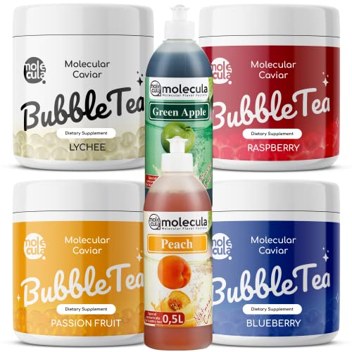 Set de Bubble Tea - boules de litchi, framboise, fruit de la passion, myrtille, sirop de pêche, pomme, tasses et pailles