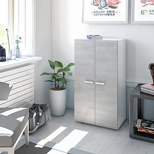 Dmora - 2-türiger Mehrzweckschrank Norwalk, Schuhschrank, Niedriger Schrank mit 6 Regalen, Modernes niedriges Schuhregal, 55x36h103 cm, Weiß und Zement