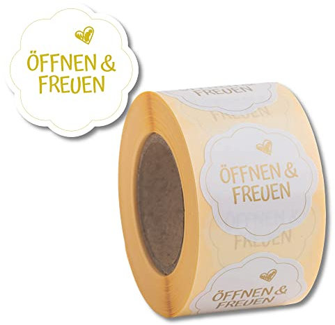 Geschenkaufkleber Öffnen und Freuen 500 Stück d40mm - blumenförmige Etiketten auf Rolle, Weiß/Gold