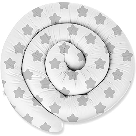 XXL 300 cm Bettschlange für Allergiker Bettkissen Stillkissen Bettrolle Zierkissen Bettumrandung Schlange Handmade 100% Baumwolle ekmTRADE (22 – Weiß – Grauer Stern, 300 cm)