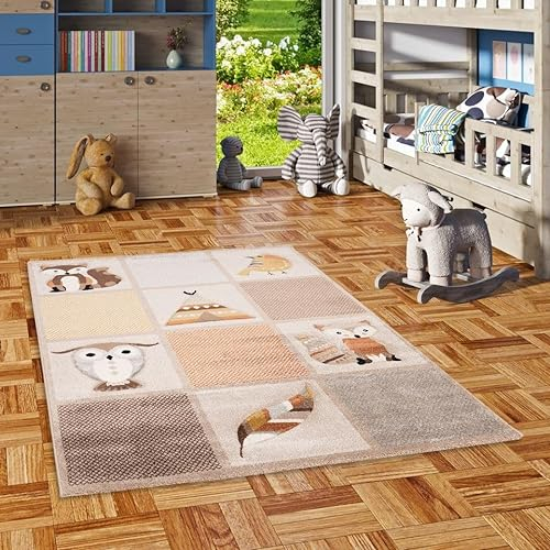 Pergamon Kinderzimmer Teppich Kurzflor Maui Kids Waldtiere Beige Braun in 5 Größen
