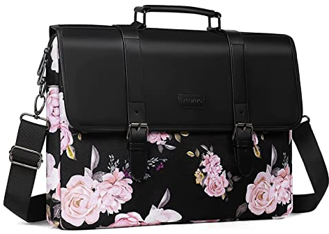 MOSISO Laptop Umhängetasche Kompatibel mit MacBook Air 15 Zoll 2023 M2 A2941/Pro 16 2023-2019,15-15,6 Zoll Notebook, Peony Polyester & PU Leder Flapover Aktentasche mit Gürtel, Schwarz